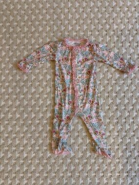 Magnetic Me Pink Floral Ruffle Footie with Green Leaf Print